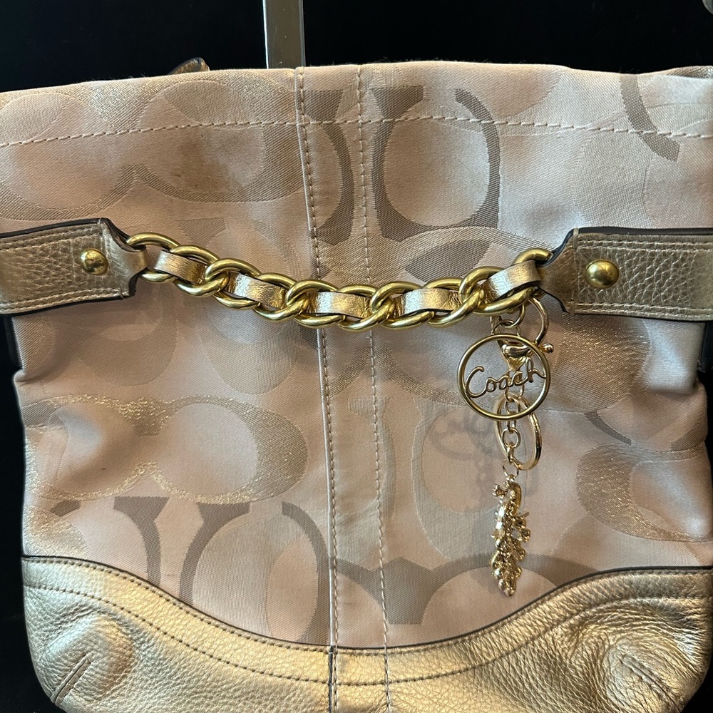 Coach Metallic Gold & Beige Signature Chain Tote